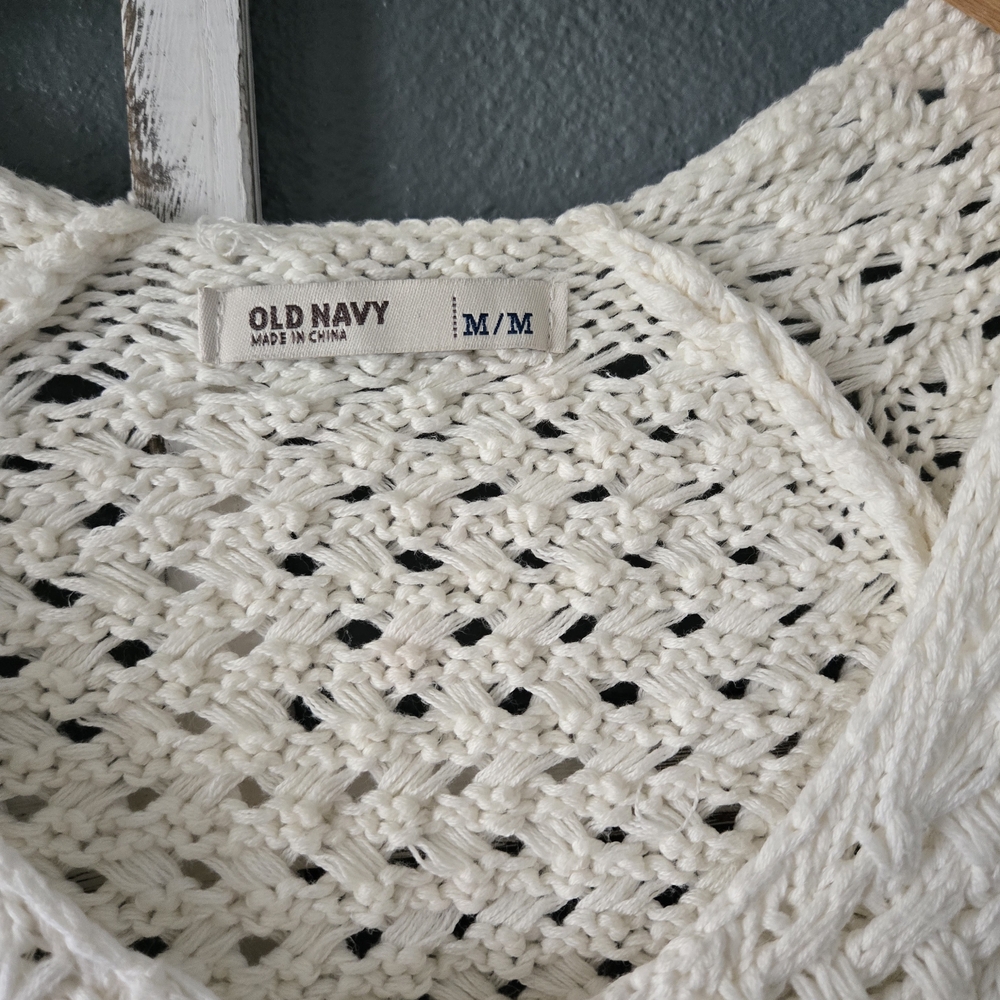 Old Navy White Lattice Open-Knit Long Sleeve Sweater - Size Medium (M) - Picture 2 of 5